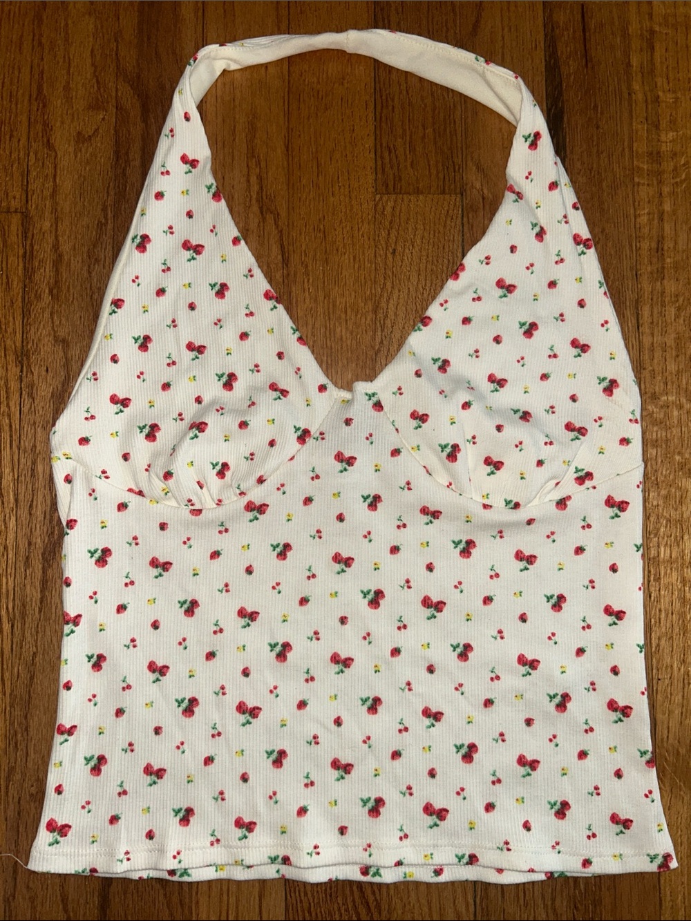 Rebellious Dreamer White Halter Ribbed Crop Top with Red Cherry Print NEW XL